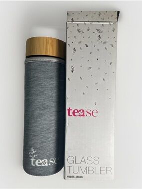 Tease Glass 450 Ml Tumbler w/Bamboo Lid, Stainless Steel Tea Strainer, Sleeve